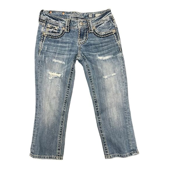 Miss Me Women's Signature Cuffed Capri Jeans Sz  24 Distressed Jeweled EUC - Picture 1 of 7
